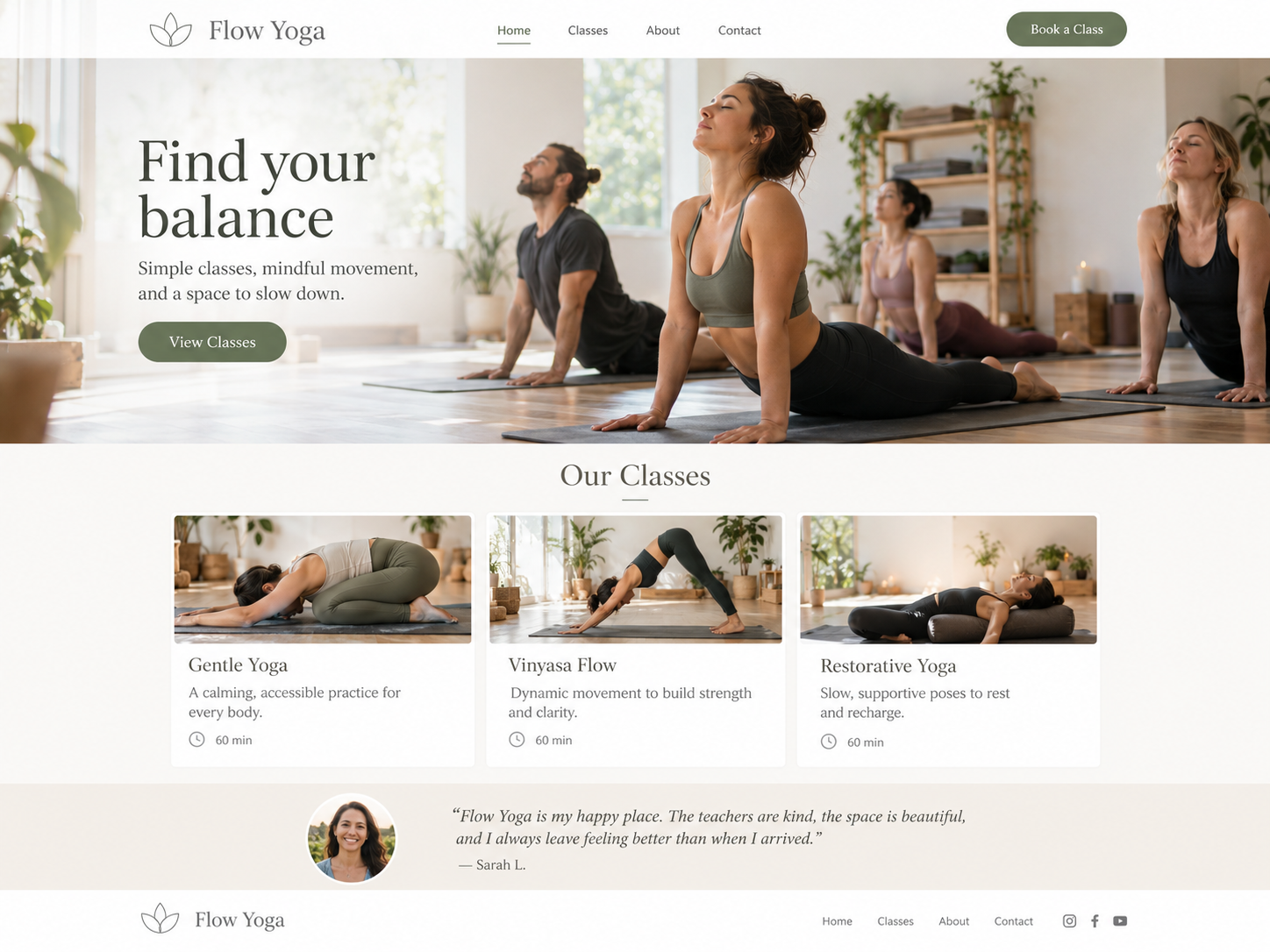 Flow Yoga website with a sunlit studio, yoga classes, and booking options